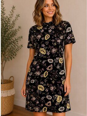 Current Project LIKE NEW velvet stretch floral mock neck short sleeve fall dress